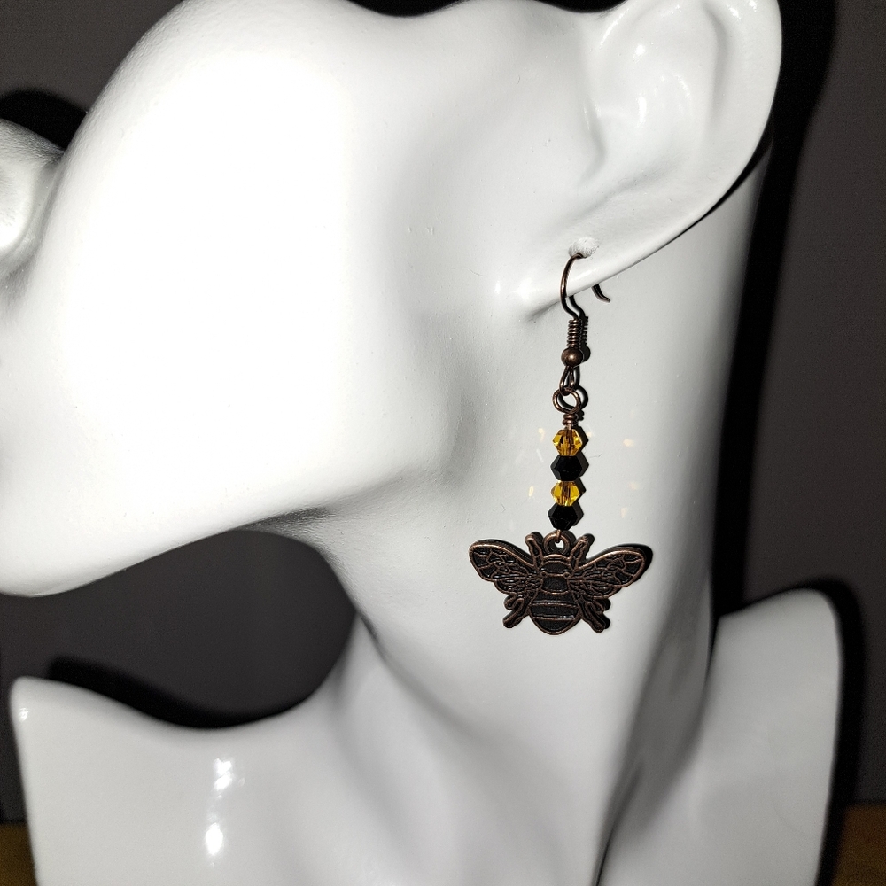 Antique Copper Bumble Bee Charm Beaded Asymmetric Dangle French Hook Earrings